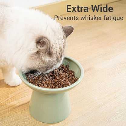 Extra Wide Elevated Ceramic Cat Bowl, 6.2" Shallow Dish for Whisker Fatigue Relief, 5" Height for Easy Feeding, Durable Raised Cat Food Bowls, Pack of 2, Sage Green