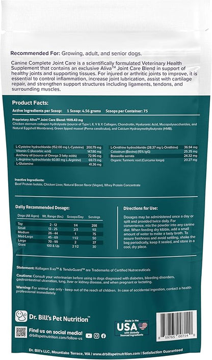 Dr. Bill’s Canine Complete Joint Care – Hip & Joint Supplement for Dogs for Mobility, Muscle Support & Inflammation Relief – Green Lipped Mussel, Chondroitin, Collagen, Omega-3 – Powder, 340g