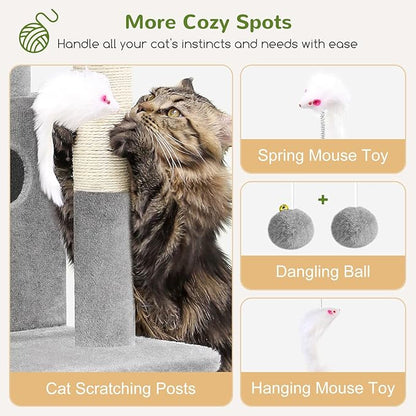 Globlazer Cat Tree Tower for Indoor Cats, 50-inch Adult Cat Tree House for Large Adult Cats with Steps, Scratching Post, 2 Cat Caves, Dangling Toys, FC50, Light Grey