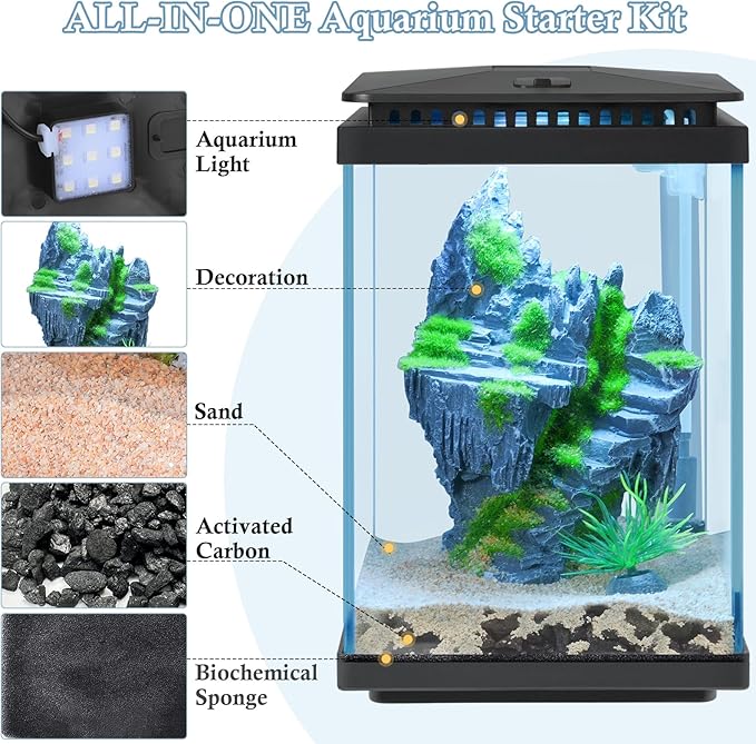 FEDOUR Small Glass Aquarium, 1 Gallon Desktop Fish Tank, Betta Fish Tank, Mini Aquarium Starter Kit with Air Pump LED Light Decoration Water Changer Fish Net (Black)