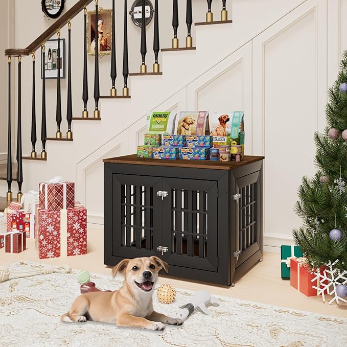 32" Heavy Duty Dog Crate Furniture for Small,Medium and Large Dogs,Rustic Wooden Dog Cage Kennel Indoor Furniture with Waterproof Top,Decorative Pet House Side End Table (Black & Wood)