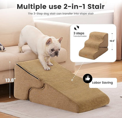 Gardner Pet Dog Stairs for Small Dogs 16.5" H, 2 in 1 Transformable 3-Step Pet Stairs and Dog Ramp for Couch (13-20 in), Brown Adjustable Pet Steps with Non-Slip Waterproof Cover and CertiPUR-US Foam