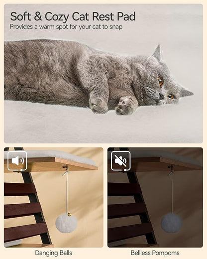 FourFurPets 72.4" Cat Tree, Modern Cat Tower for Indoor Cats, Multi-Level Cat Condo with Caves, Tall Cat Tree with Cat Scratching Board, Wooden Cat Tower with Large Perch, Removable Pads, Camel Brown