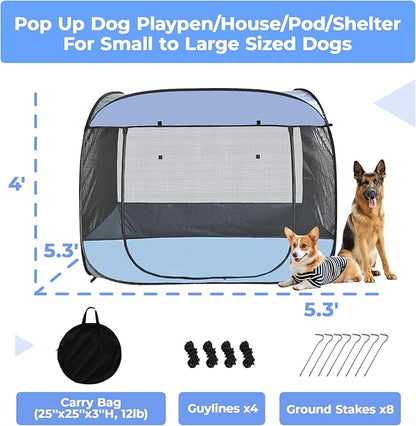 EighteenTek XLarge Popup Portable Dog Houses, 5.3'x4'H Assembly-Free Gazebo-Style Dog Cot Cat Playpen Screen Pet Tent Sun Shade Shelter Dog Bed with Canopy for Outdoor, Anti-Bugs with Leakproof Bottom