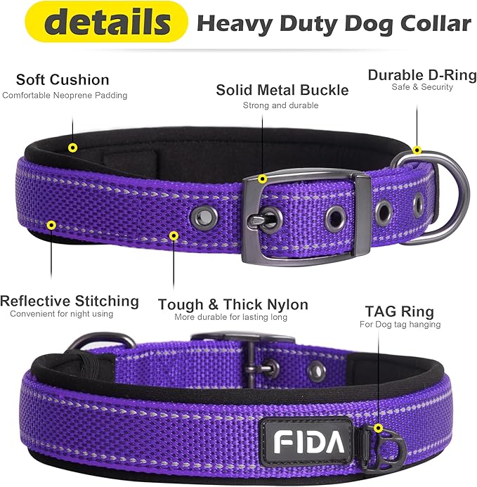 Fida Heavy Duty Dog Collar, Ultra Comfortable Soft Neoprene Padded, Adjustable Reflective Nylon Pet Collar with Durable Metal Belt Buckle for Medium Breeds (M, Purple)