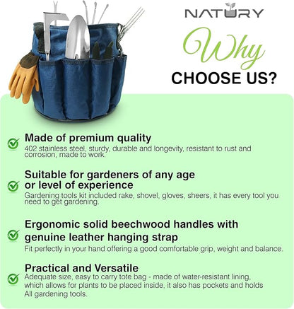 Garden Tools Set – Premium Stainless Steel Gardening Hand Tools with Solid Beechwood Handle – Gardening Kit with Rake, Shovel, Gloves, Shears, Tool Organizer – Garden Gifts for Women and Men