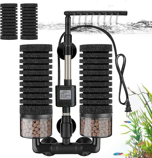 Aquarium Electric Sponge Filter with Submersible Water Pump Silence Motor for Shrimps,Bettas with Bio Ceramic Media Balls and 2 Spare Sponge,Venturi Nozzle and Rain Mode (S for 10-20 Gal)