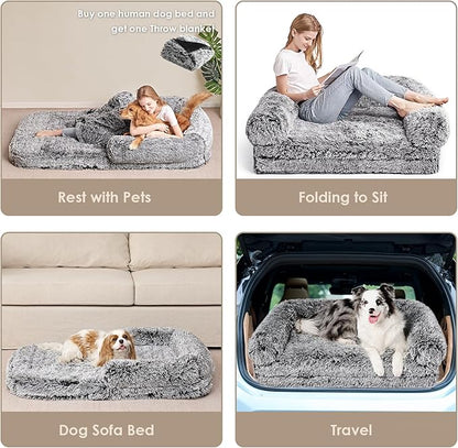EHEYCIGA Foldable XXL Dog Bed, Faux Fur Fluffy Pet Couch Bed for Extra Large Dogs, Orthopedic Calming Memory Foam Pet Bed, Washable Soft Pet Sofa Bed with Non-Slip Bottom, Faded Black, 54"x38"x7.5"