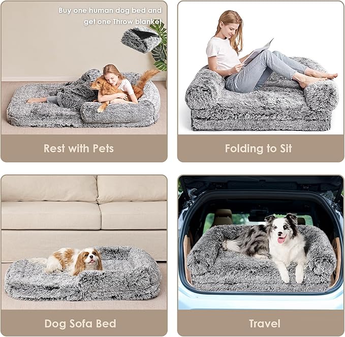 EHEYCIGA Foldable Dog Bed, Faux Fur Fluffy Dog Couch Bed, Orthopedic Calming Memory Foam Pet Bed for Small Dogs, Washable Soft Warm Pet Sofa Bed with Non-Slip Bottom, Faded Black, 40"x30"x6"