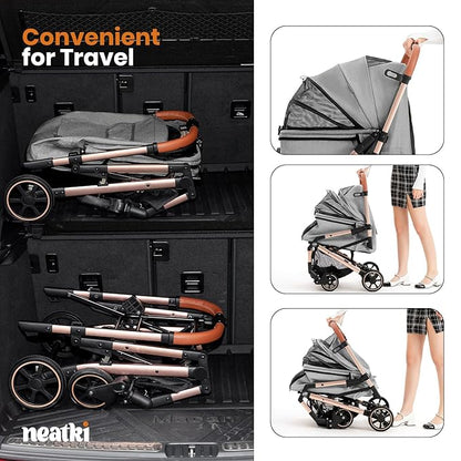 Foldable Pet Stroller for Dogs and Cats, 33 lbs Capacity, 360° Swivel Front Wheels, One-Click Fold, Brake System, Leash & Lock Clips, Removable Washable Padding, and Cup Holder (Gray, 33 lbs)