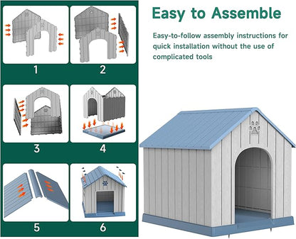 DRATO Indoor Outdoor Waterproof Dog House,PP Material,Puppy Shelter with Air Vents and Elevated Floor,Sturdy Dog Kennel for Small to Large Sized Dogs, Easy to Assemble (Blue, 38.62×36.26×38.07 Inches)