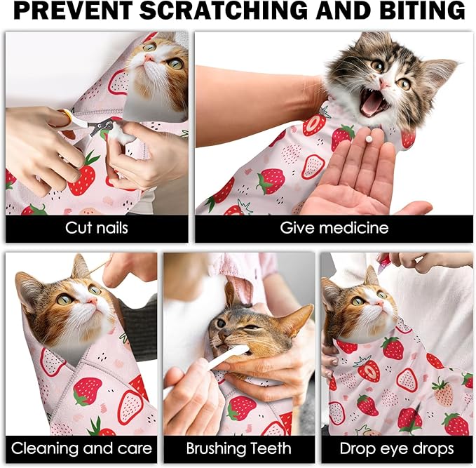 27.6" Cat Grooming Wrap, Self Adhesive Cat Wrap for Cutting Nails, Anti-Escape Calming Cat Swaddle Wrap for Medicine Ear Cleaning, Strawberry Anti-Scratch Cats Burrito Restraint Blanket, Pet Tool