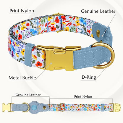 AirTag Dog Collar for Small Medium Large Breed - Adjustable Cute Pattern Dog Collar with Airtag Holder - Soft Leather Tracker GPS Apple Air Tag Pet Collars (Large, 17"-21" Neck Fit, Floral)