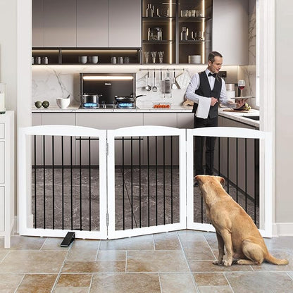 Freestanding Panel Dog Gate for Indoor Doorways, Stairs, or Hallways - Foldable Wooden Pet Gate, 24" Height - 3 Panels, White