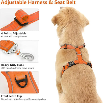 Dog Seat Belt Harness for Car, Dog Car Harness Adjustable Mesh Breathable & Dogs Seatbelt Safety Tether with Elastic Bungee for Small Medium Large Pets(Orange, M)