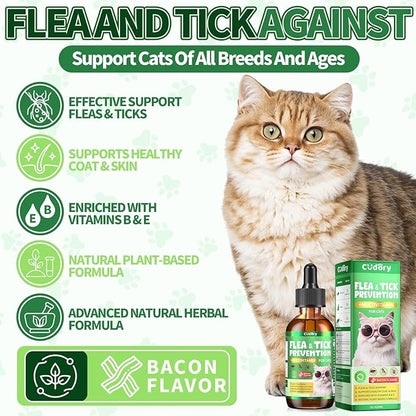 Flea & Tick Support for Cats – Natural Herbal Drops with Multivitamin – Fleas and Ticks Comfort Formula for Cat All Breeds & Ages – Bacon Flavor
