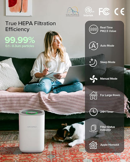 Air Purifier for Home Bedroom Large Room 1050 Sq Ft Air Filters Up to 99.99% PM2.5 Display Smart Air Cleaner Works with HomeKit for Baby Pet Desktop Office, AP2-2025