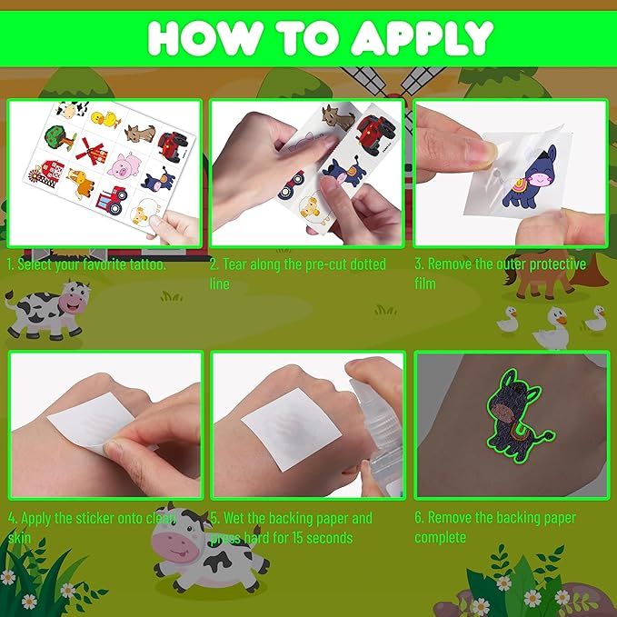 96 PCS Farm Barnyard Animal Glow In The Dark Pre-Cut Temporary Tattoos Sticker 1st First 2nd Birthday Decorations Party Favors Supplies Gift Boy Girl Farmhouse Tattoo School Reward Themed (Luminous)