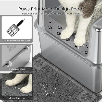 Enclosed Stainless Steel Cat Litter Box with Lid, Metal Litter Box for Big Cats, Extra Large Cat Toilet with High Side, Non-Stick, Anti-Leakage, Odorless, with Cats Litter Mat & Litter Scoop
