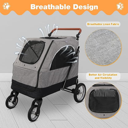 4 Wheel Pet Stroller with Storage Basket - Foldable & Breathable with Mesh Skylight, Large Dog Stroller with Adjustable Handle - Ideal for Travel and Walking with Medium to Large Dogs, Up to 120 lbs