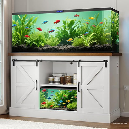 Fish Tank Stand Up to 75 Gallon, Aquarium Stand with Sliding Barn Doors & Power Outlet, White Farmhouse Style Stand with Cabinet Storage for Fish Tank, Turtle Tank, Reptile Terrarium,1000LBS Capacity
