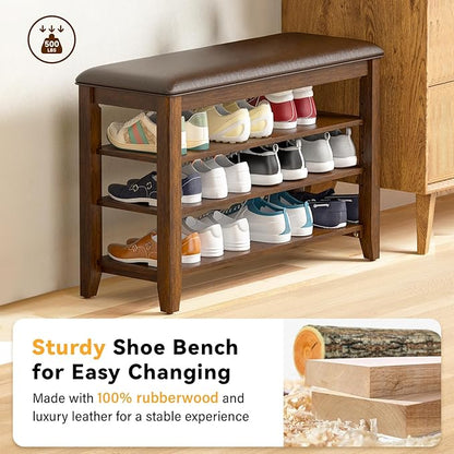 Entryway Shoe Storage Bench with Leather Cushion, Shoe Organizer Bench for Entryway, Ideal for Hallways Front Doors Entrances Mudrooms Featuring Rubberwood And 3 Height-Adjustable and Removable Shelve