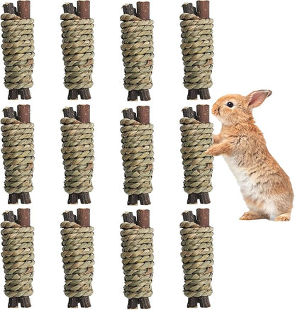 Fhiny 12 PCS Guinea Pigs Chew Toys, Natural Apple Branch Seagrass Molar Sticks for Teeth Bunny Chew Toys Cage Accessories for Guinea Pigs Rabbit Bunny Hamster Chinchilla