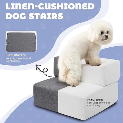 Foldable 18 Inch Wide Dog Stairs for Small Dogs, 12 Inch Height Foam Dog Steps for Bed & Couch, Linen Covered Pet Stairs for Dogs to Get on Bed, Indoor Foam Pet 2 Steps for for Cat and Puppy