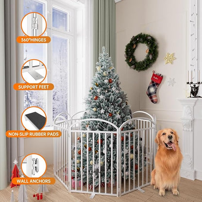 8 Panles Full Matel Freestanding Dog Gates with Door, 192"Extra Wide 32"Tall Free Standing Dog Pet Gate for Indoor & Outdoor. Foldable Pet Fences for Doorways, House, Stairs, Porch, Deck, Yard