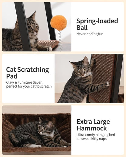 FourFurPets Modern Cat Tree, 58-Inch Cat Tower for Large Cats, Maine Coon Cat Tree with Scratching Board, Large Perch, Hammock and Removable Pads, Rustic Brown