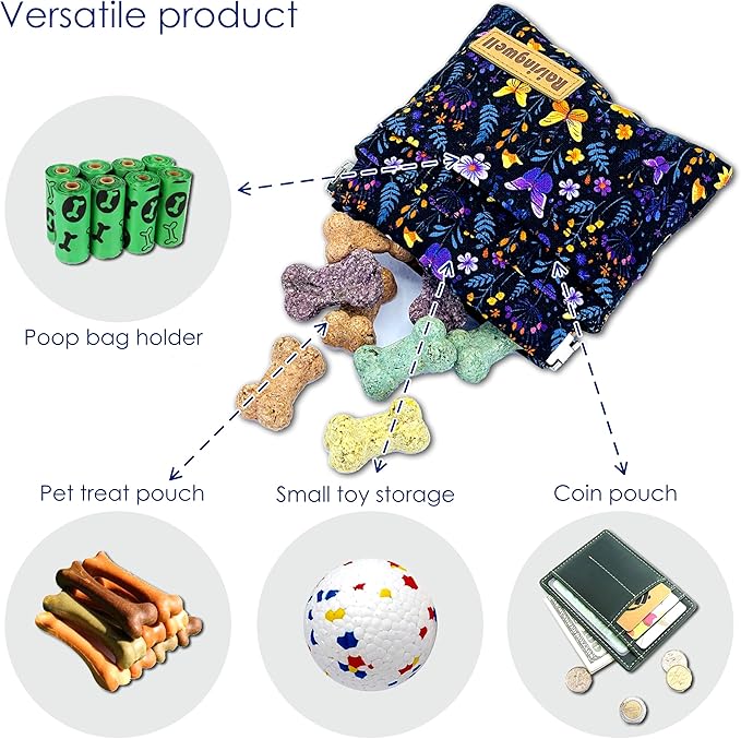 Dog Treat Pouch, Pocket Sized Pet Training Pouch, Cotton Fabric, Hand Free Purple Flower Dog Walking Bag with Carabiner, Self-Closing Pet Feed Snack Reward, for Puppy Travel or Outdoor Use