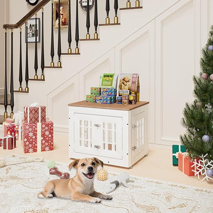 26" Heavy Duty Dog Crate Furniture for Small,Medium and Large Dogs,Rustic Wooden Dog Cage Kennel Indoor Furniture with Waterproof Top,Decorative Pet House Side End Table (White & Wood)