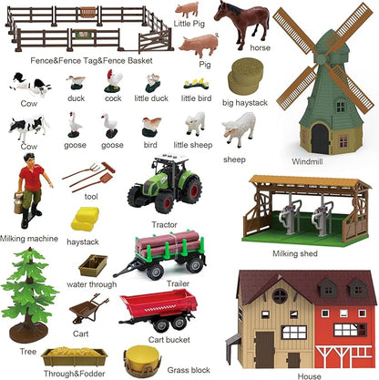 136PCS Farm Animals Toys Set Comes with Barn, Tractor Trailer, Milking shed, Windmill, Farmer, Fence - Playset for Kids Toddlers Boys Girls 5+ Years Old