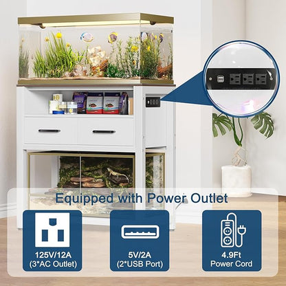 20-29 Gallon Fish Tank Stand with Power Outlet & 2 Storage Drawers, Heavy Duty Metal Frame Aquarium Stand with Waterproof Mat, 30.7" L*15.7" W Tabletop, 550LBS Capacity, White+Brown