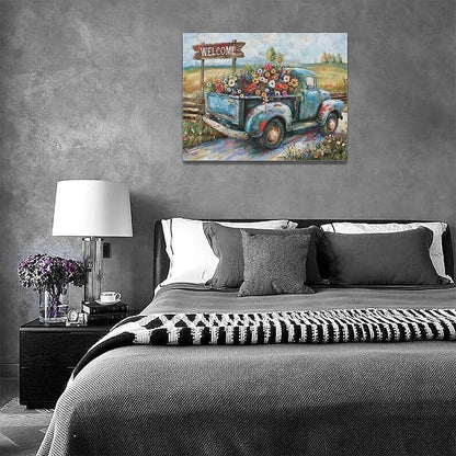 Farmhouse Truck Wall Art Rustic Country Wildflowers Wall Decor Road Flowers Landscape Pictures Canvas Print Painting Artwork for Bathroom Living Room Bedroom 12"x16"