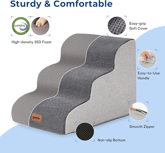 Dog Stairs for Small Dogs - Pet Stairs for Couch and Bed, 35D Foam Dog Steps Ramp with Non-Slip Bottom Brown, 3 Steps