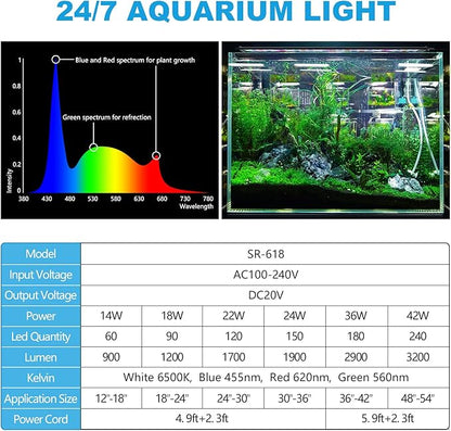 24/7 Mode Led Aquarium Light for Plants Growth-Full Spectrum Fish Tank Light with Timer, Auto On/Off, 7 Colors, Adjustable Brightness, 14W for 12 to 18 Inch Freshwater Tank