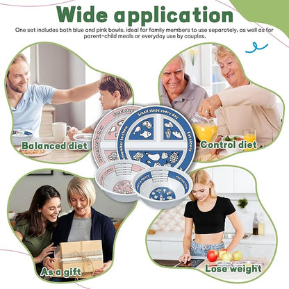 4 Pcs Portion Control Plates & Bowls Set (2 Plates + 2 Bowls, 9 Inch) - Self-Measuring for Weight Loss, Gastric Bypass, LapBand, Diabetes & Healthy Diets, Pink & Blue, for Adults & Children