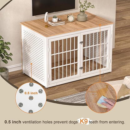 48" Heavy Duty Dog Crate Furniture for Large Dogs, Metal Kennel for High Anxiety Dogs, White Wooden Cage Furniture Indoor, Decorative Dog Kennel End Table, XL