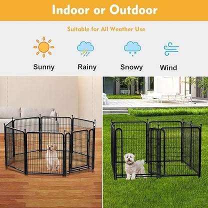 Dog Playpen 32 inch(H) 4 Panels Dog Fence Outdoor for Yard. Metal Dog Pen Heavy Duty Pet Puppy Exercise Pen for Rv Camping Garden Yard, Wide Door Low Threshold Dog Fence Total 8.9 Ft(L)