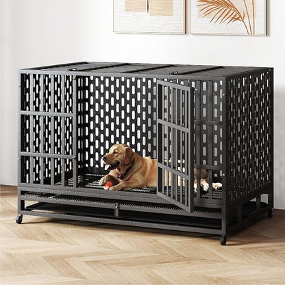 48/42 Inch Heavy Duty Indestructible Dog Crate Steel Escape Proof, Indoor Double Door High Anxiety Cage, Kennel with Wheels, Removable Tray, Extra Large XL XXL