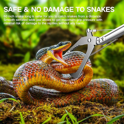 60“ Snake Tongs Collapsible Grabber, Professional Reptile Snake Catcher Wide Jaw Handling Tool, Stainless Steel Snake Hook