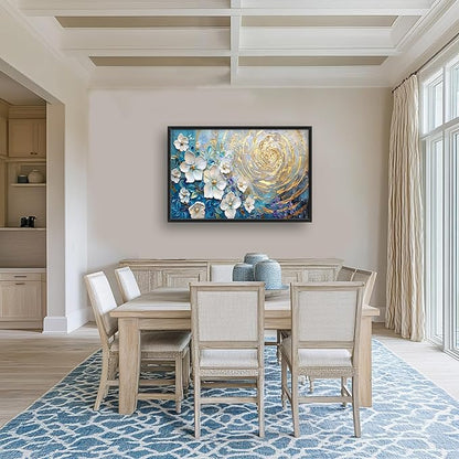 Flower Large Wall Art White Floral Pictures Abstract Golden Spiral Texture Wall Decor Canvas Print Painting Artwork for Bathroom Living Room Bedroom 36L" x 24W"