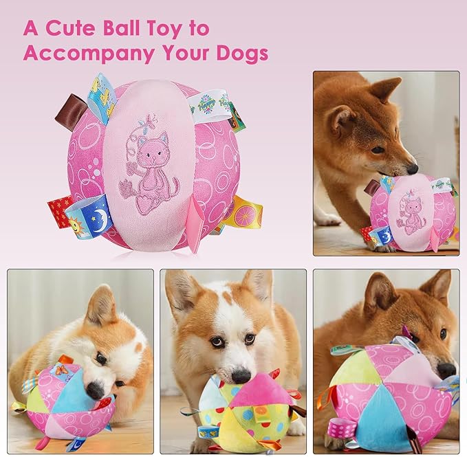 Dog Squeaky Plush Toy with Straps, 6-Inch Soft Stuffed Ball with Cotton Material and Bell Built-in, Pet Interactive Fetch Toy for Small to Large Dog