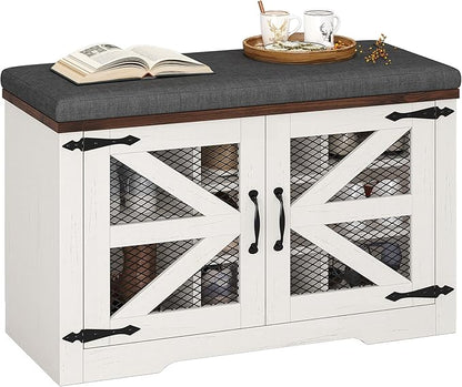 Farmhouse Storage Bench with Cushion, Metal and Wood Shoe Rack Organizer, Adjustable Shelf, Shoe Cabinet with Half Hidden Storage Space, for Entryway, Bedroom, Living Room (Old White, 31.4in)