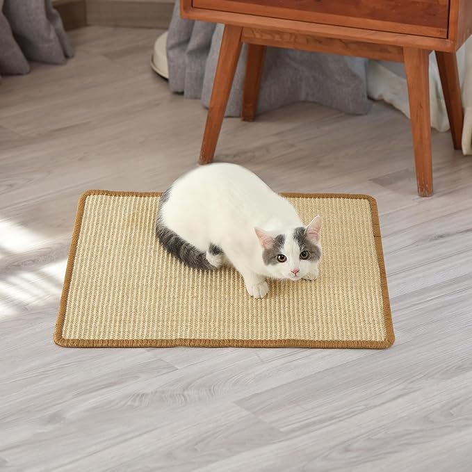 FUKUMARU Cat Scratcher Mat, 23.6 X 15.7 Inch Natural Sisal Cat Scratch Mats, Horizontal Cat Floor Scratching Pad Rug with Sticky Tapes, Protect Sofa and Carpet