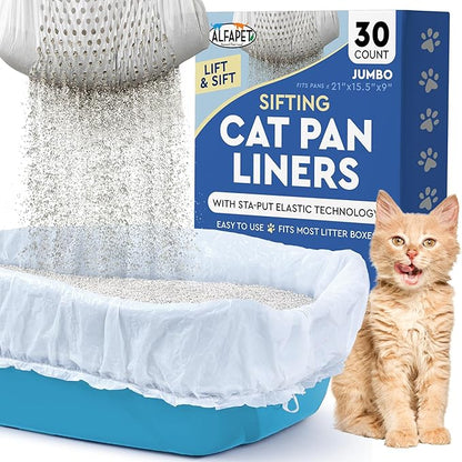 Alfapet Sifting Cat Litter Box Liners - Jumbo 30 Count, Tear-Resistant Cat Litter Bags, Waterproof Kitty Litter Liners, Fits Litterbox Pan Sizes X-Large, X-Giant, 37" x 18" 30 lb Capacity