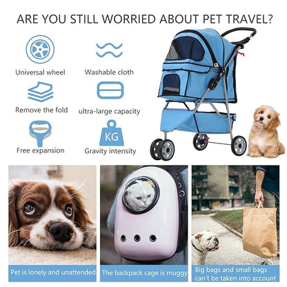 Dog Stroller,3 Wheels Travel Folding Pet Stroller for Small Medium Dog Cat Jogger Stroller with Storage Basket Removable Liner Blue