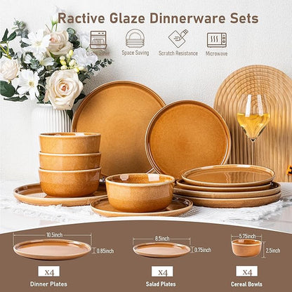 GBHOME Ceramic Dinnerware Sets for 4, 12 Pieces Stoneware Plates and Bowls Sets, Scratch Resistant Dishes, Dishwasher & Microwave Safe, Reactive Glaze-Amber