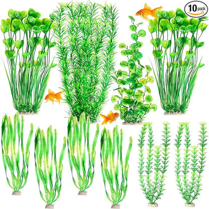 10 Pcs Large Aquarium Artificial Plants Decorations, Tall Plastic Fish Tank Plant Decorations for Household and Office Aquarium (Green)